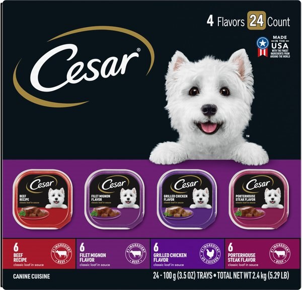 Cesar Classic Loaf in Sauce Beef Recipe， Filet Mignon， Grilled Chicken， and Porterhouse Steak Flavors Variety Pack Dog Food Trays