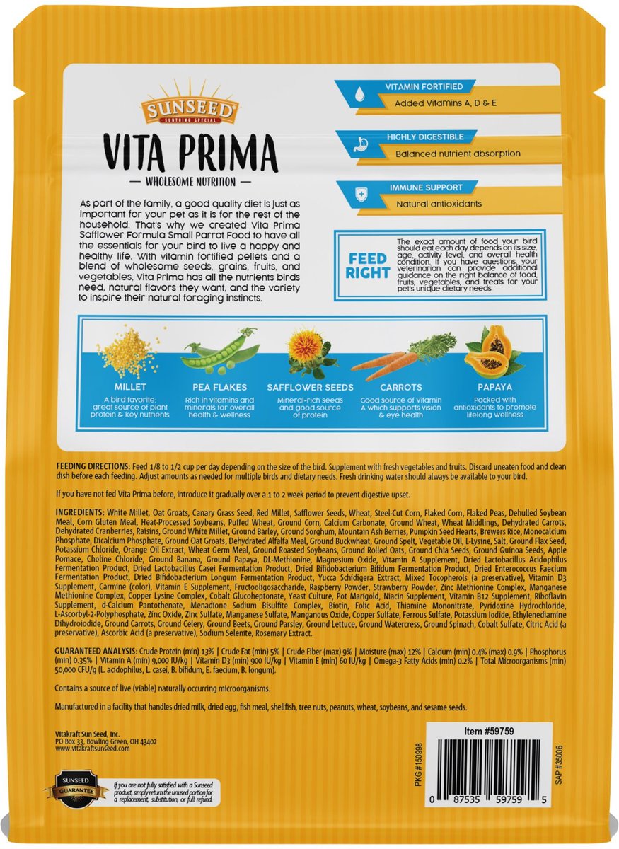 Sunseed Vita Prima Safflower Formula Small Parrot Food， 3-lb bag