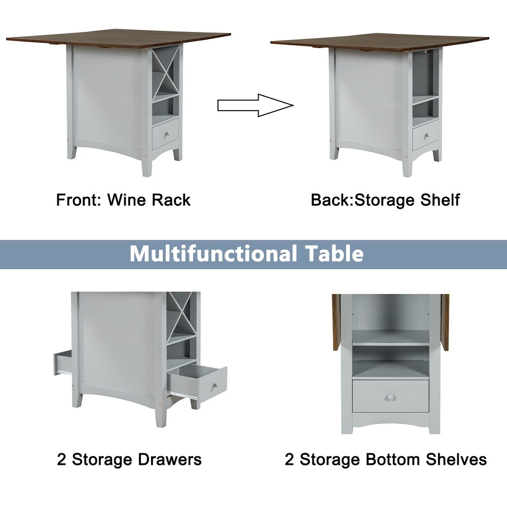 Farmhouse Wood Counter Height 5 Piece Dining Table Set with Drop Leaf Kitchen Set with Wine Rack   Drawers for Dining Room