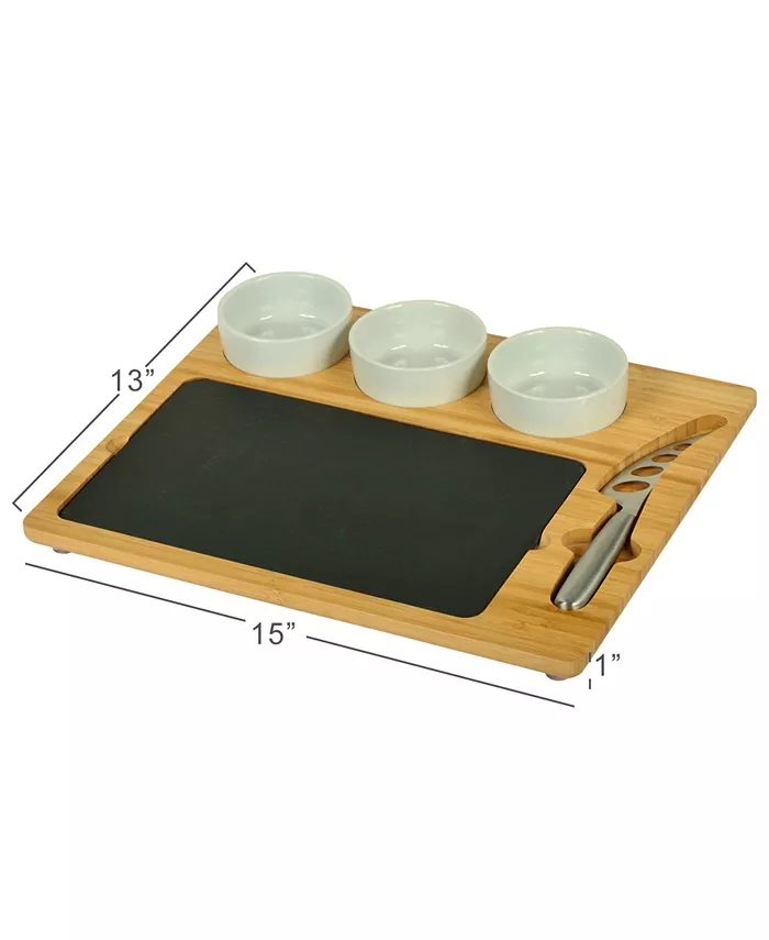 Picnic At Ascot Deluxe Bamboo Slate Cheese Board 3 Bowls Multifunction Knife