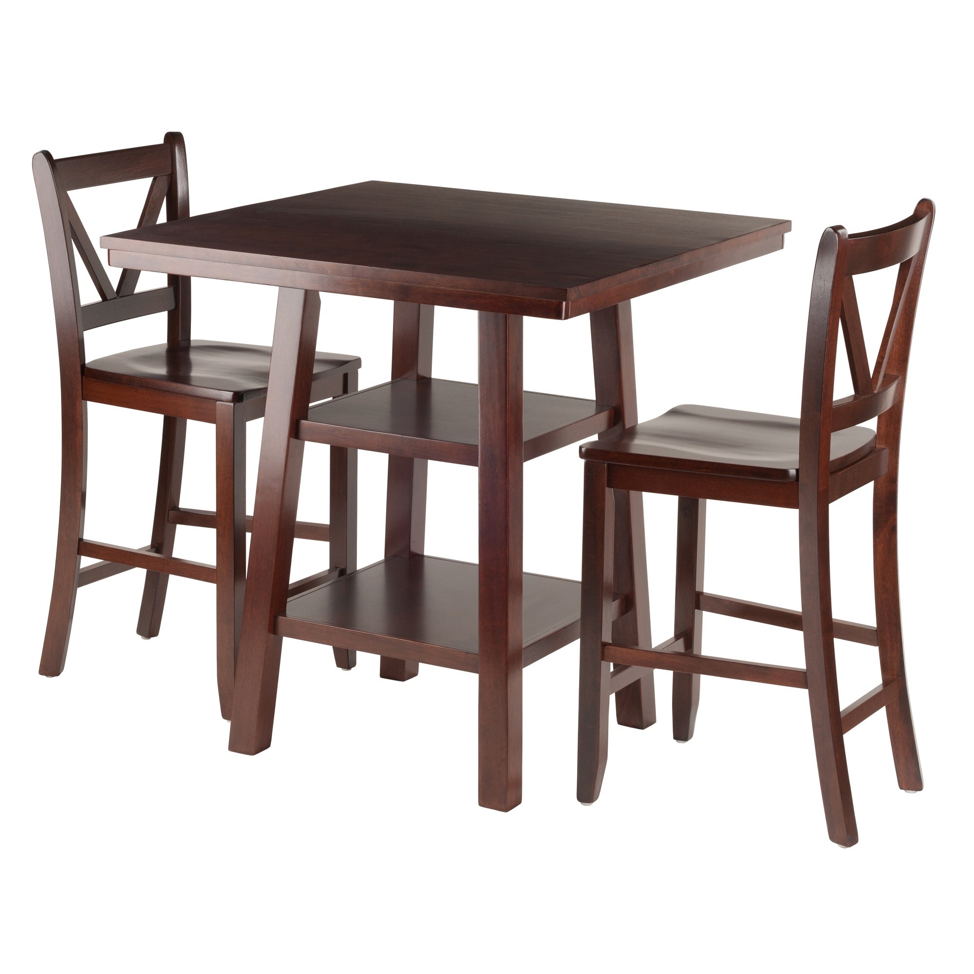 3 Walnut Finish Solid Wood High Table 2 V-Back Counter Stools Set 36”