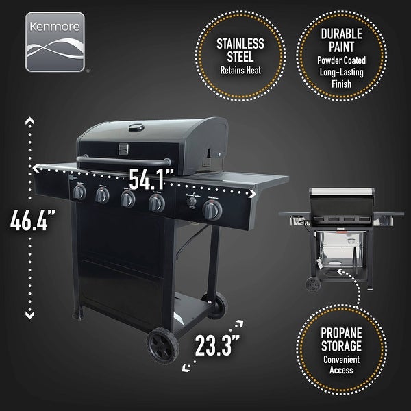 4-Burner Outdoor Propane Gas Grill with Side Burner， Open Cart， Stainless Steel