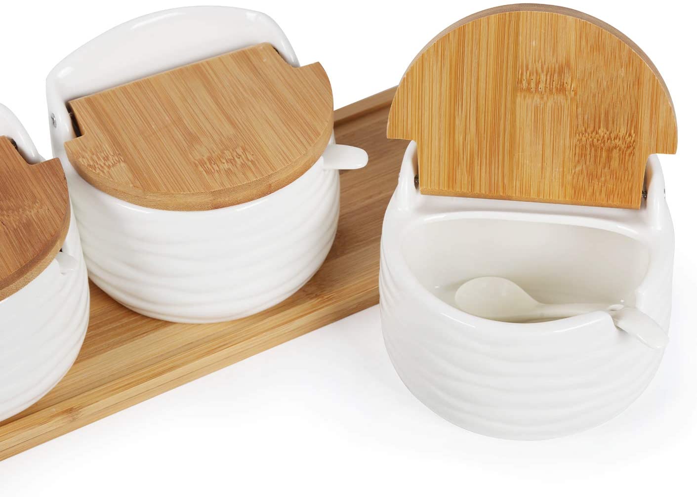 NEX White Ceramic Sugar Bowls， Set of 3 with Bamboo Lids and Spoon