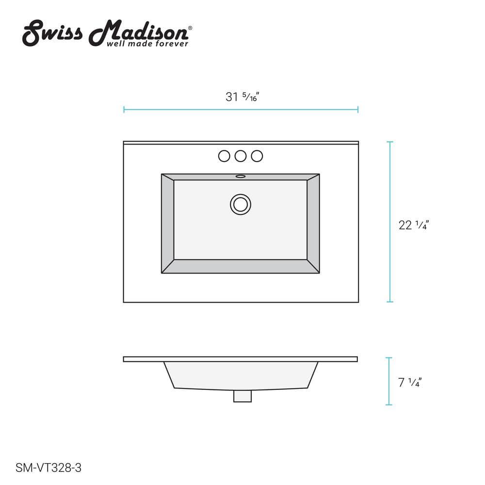 Swiss Madison Voltaire 31 in Vanity Top in Glossy White with 1Basin