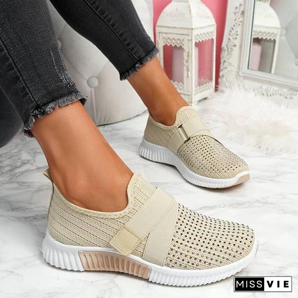 Women Fashion Bling Rhinestones Flyknit Fabric Slip On Breathable Platform Sneakers