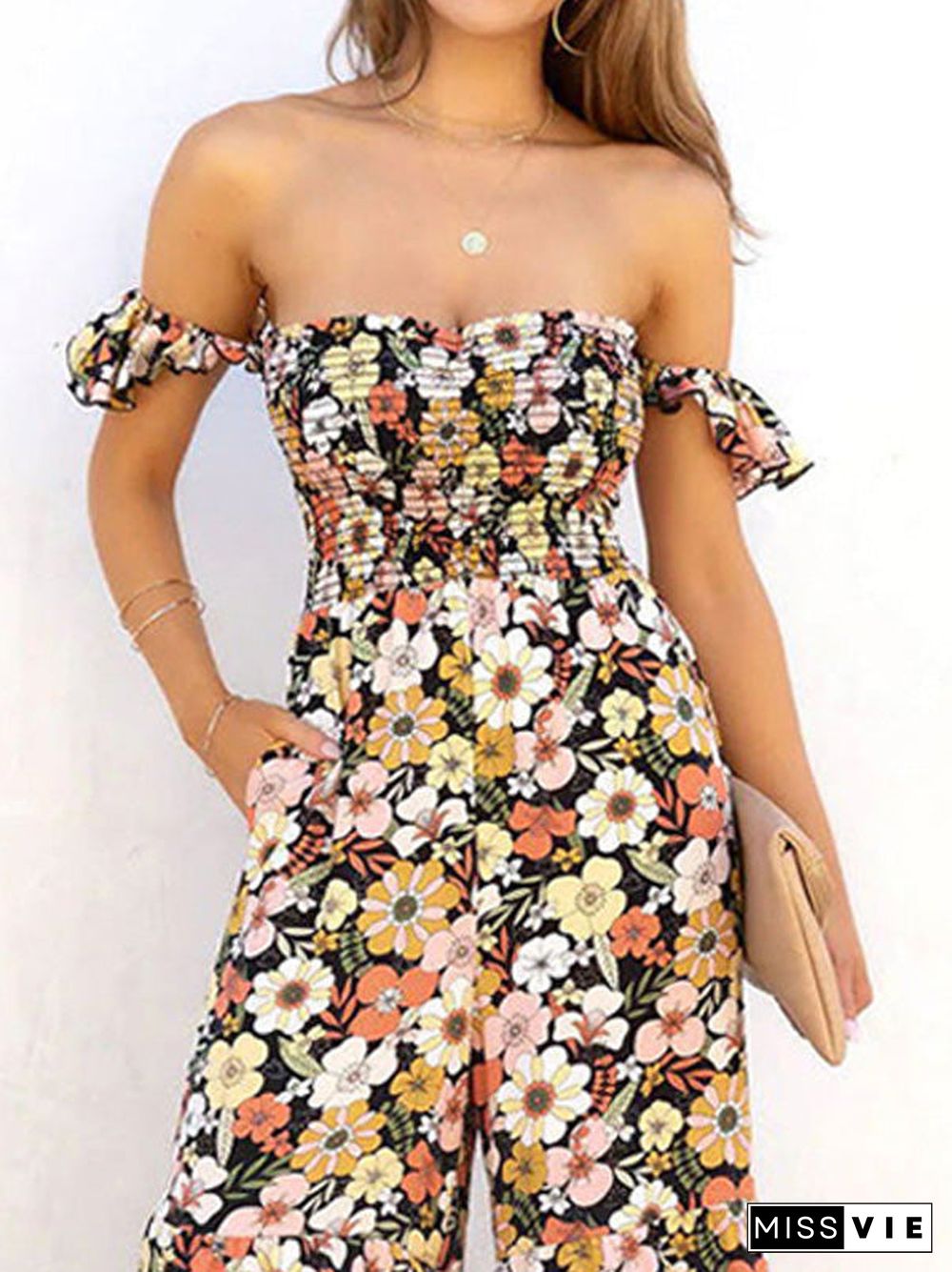 Women'S Jumpsuits Floral Print One-Shoulder Pocket Jumpsuit