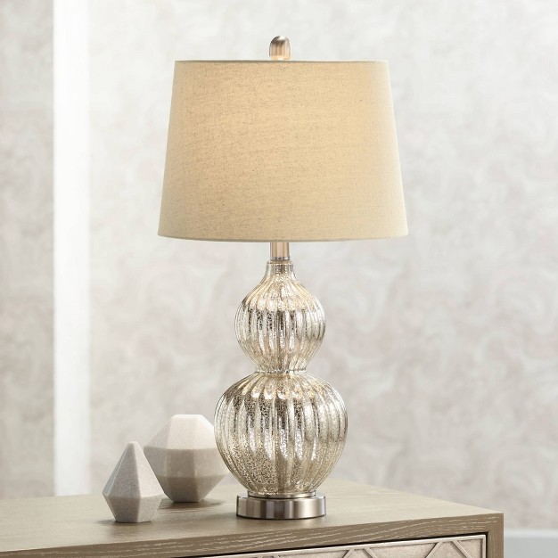 High Fluted Modern Country Cottage Table Lamp Silver Mercury Glass Single Beige Shade Living Room Bedroom Bedside Nightstand