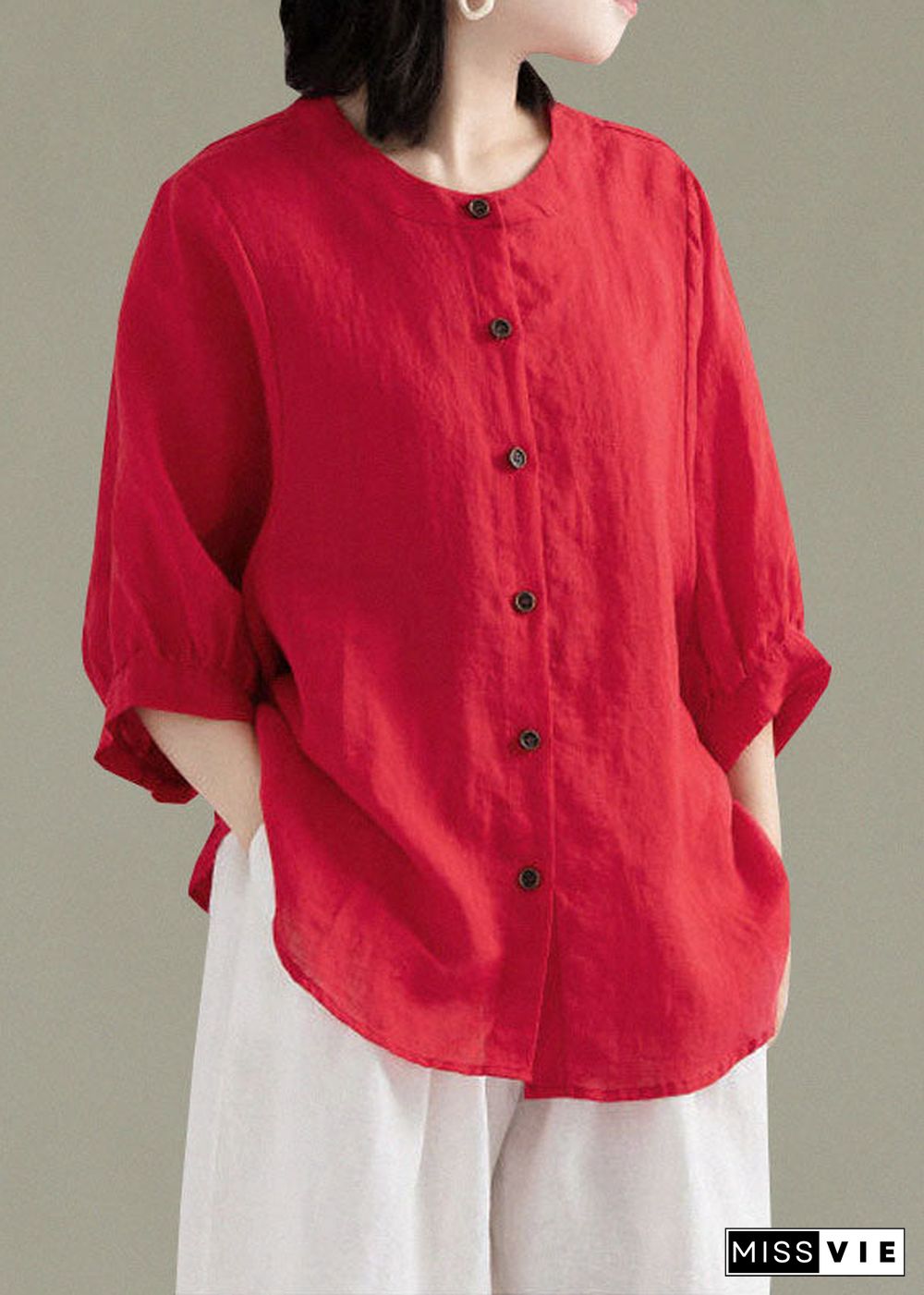 Art Red-print1 O-Neck Button Linen Loose Shirt Top Lantern Sleeve