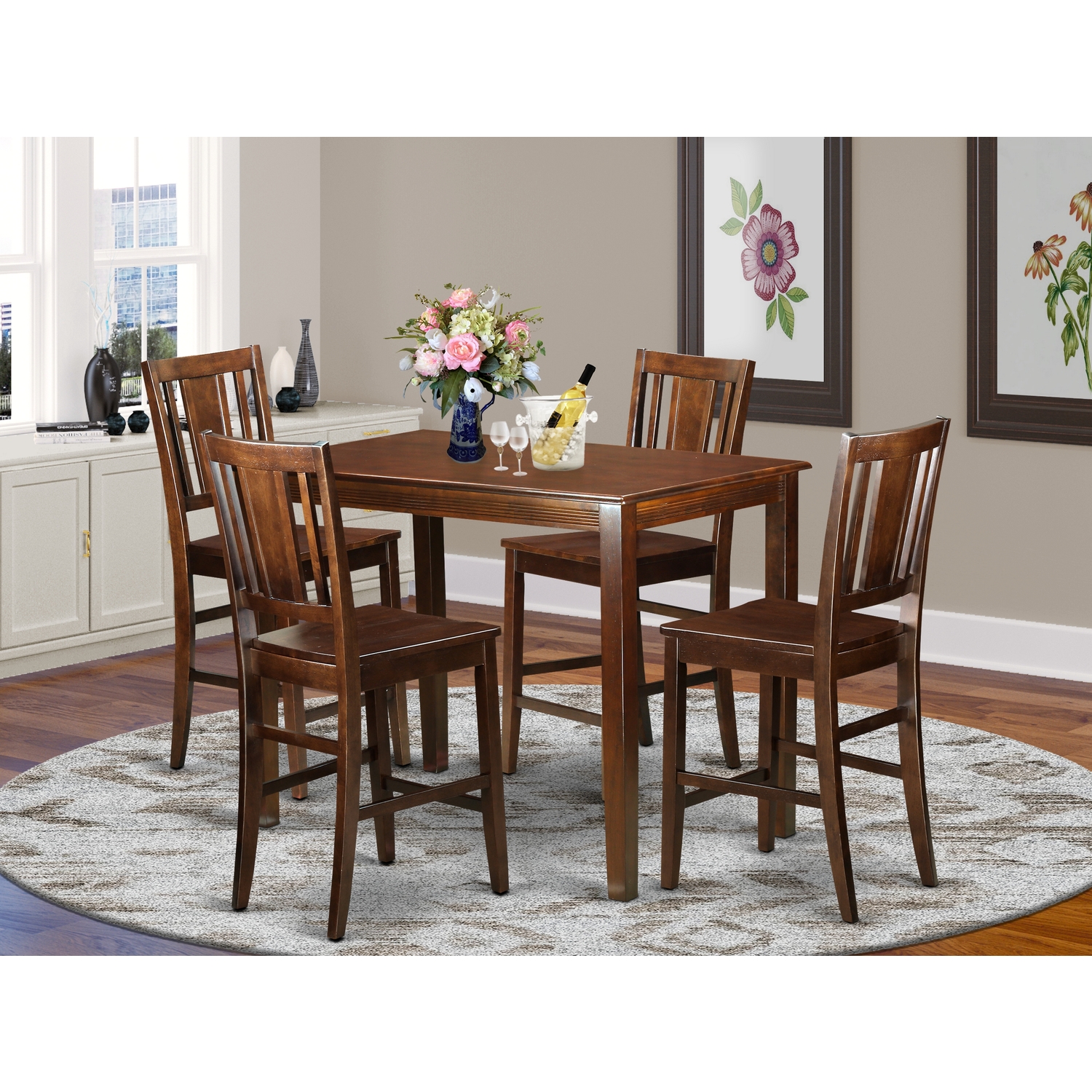 Counter Height Pub Set - High Table And Kitchen Chairs-Finish:Mahogany，Number of Items:5，Shape:Rectangular，Style:Wood Seat