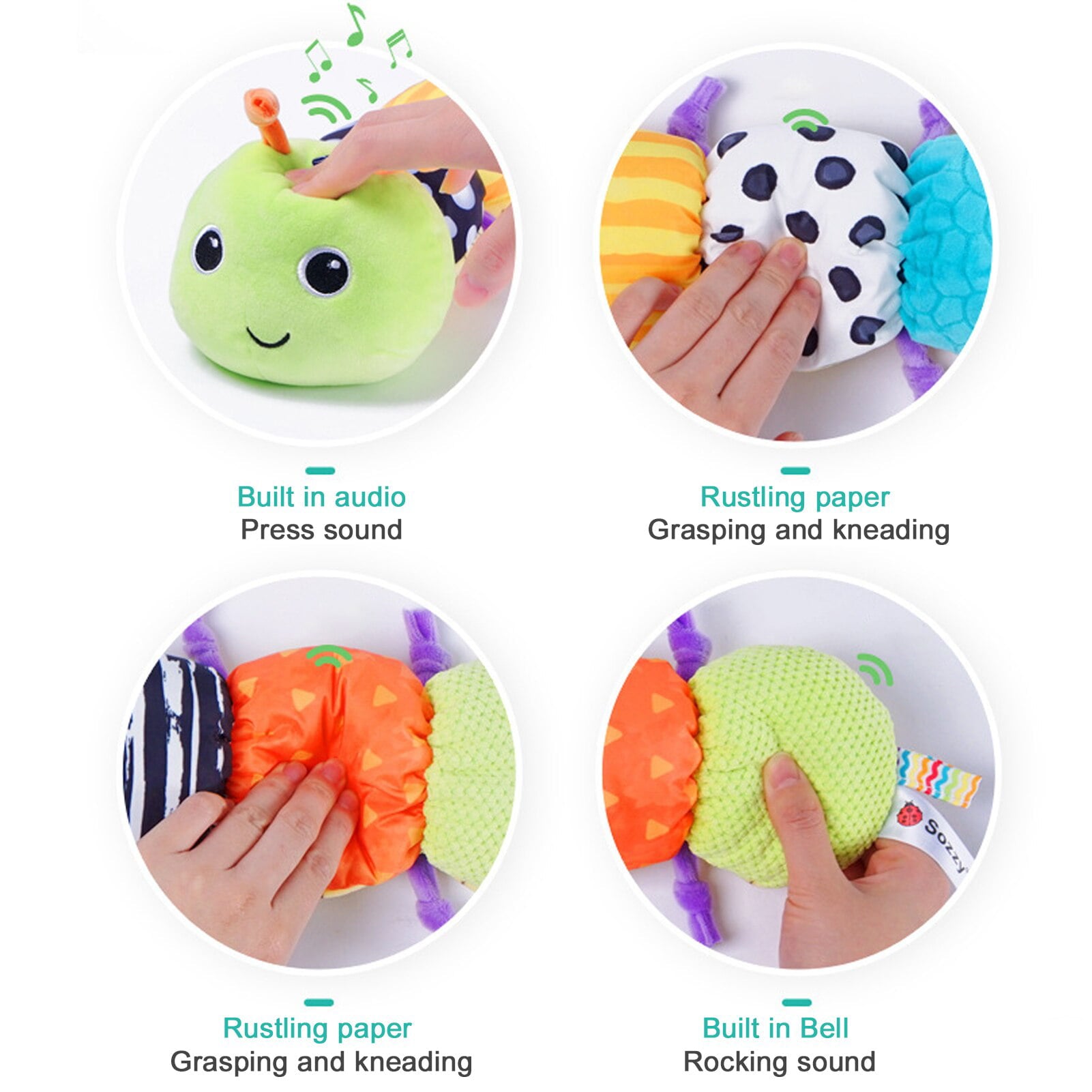 ISHANTECH Stuffed Caterpillar Baby Toys Musical Soft Infant Toy Sensory Plush Toys Crinkle Rattle with Ring Bell Design for Crawling Babies Boys Girls Newborn Preschool Toddler 3+ Month Green