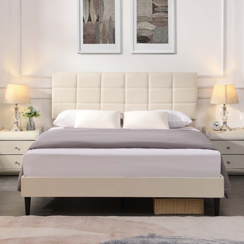 Beige Upholstered Platform Bed with Fabric Upholstered Headboard and Wooden Slats