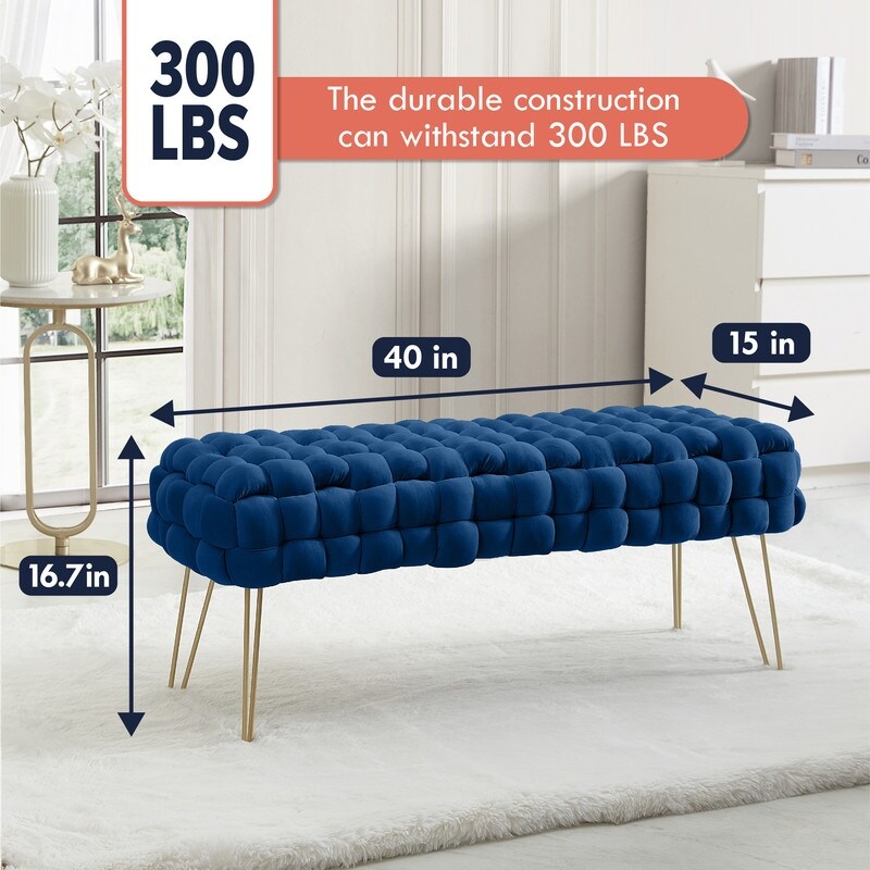 Mirage Modern Contemporary Woven Upholstered Velvet Long Bench Ottoman with Gold Metal Legs