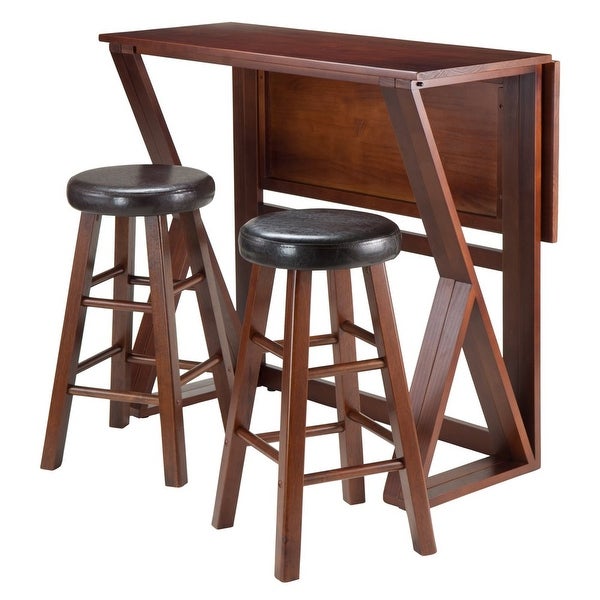 Wood Harrington 3-Pc Set， Drop Leaf Table and 2 Cushion Round Seat Counter Stools， Walnut Finish