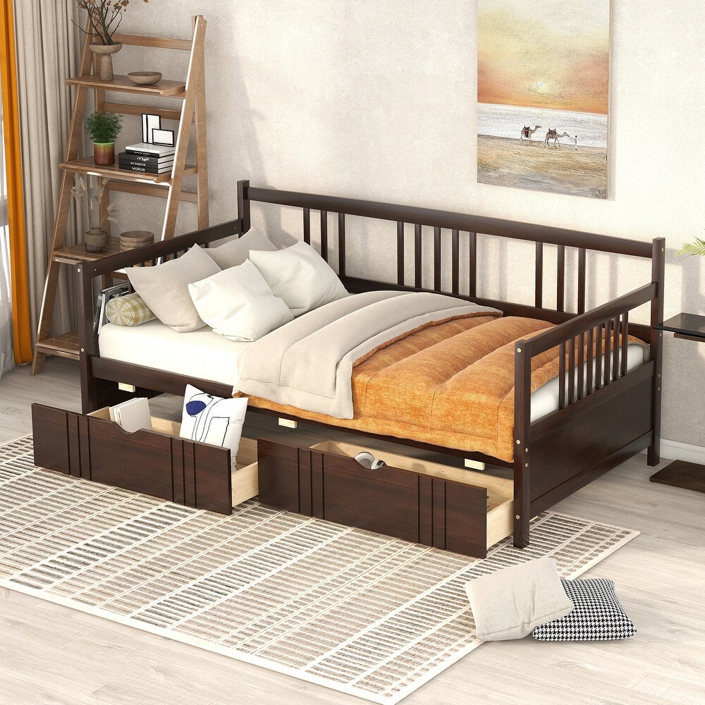 Twin Size Wood Daybed with 2 Storage Drawers and 3 Side Guardrail  Wood Kid's Bed with Wood Slats for Bedroom