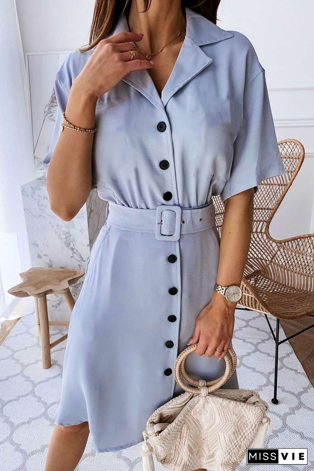 Button Down A-line Lapel Dress With Belt