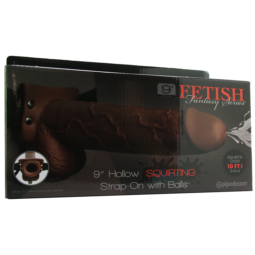 9 Inch Hollow Squirting Strap-On with Balls in Brown