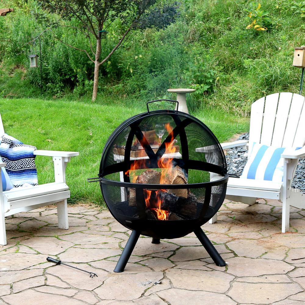 Sunnydaze Decor Flaming Ball 30 in. x 36 in. Round Steel Wood Burning Fire Pit in Black with Cover KF-FBB