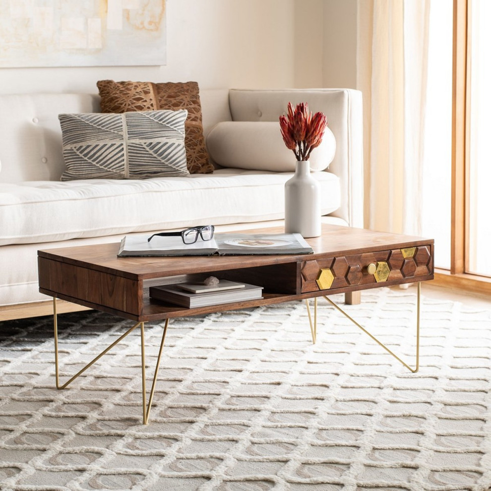 Lester Coffee Table Walnut/ Brass   Midcentury   Coffee Tables   by Peachtree Fine Furniture  Houzz