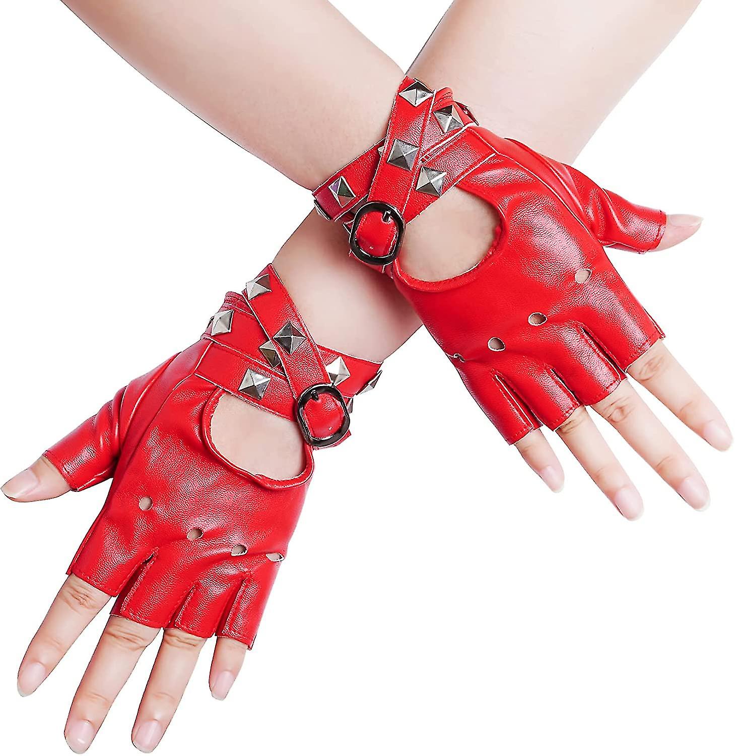 Women Punk Rivets Half Finger Pu Leather Performance Costume Fingerless Gloves