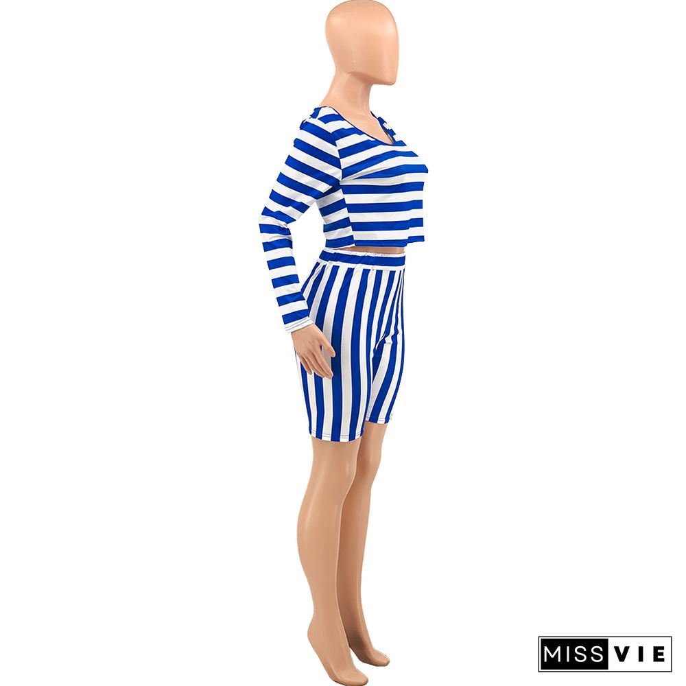 Striped Long Sleeve Crop Top and Shorts Plus Size Sets