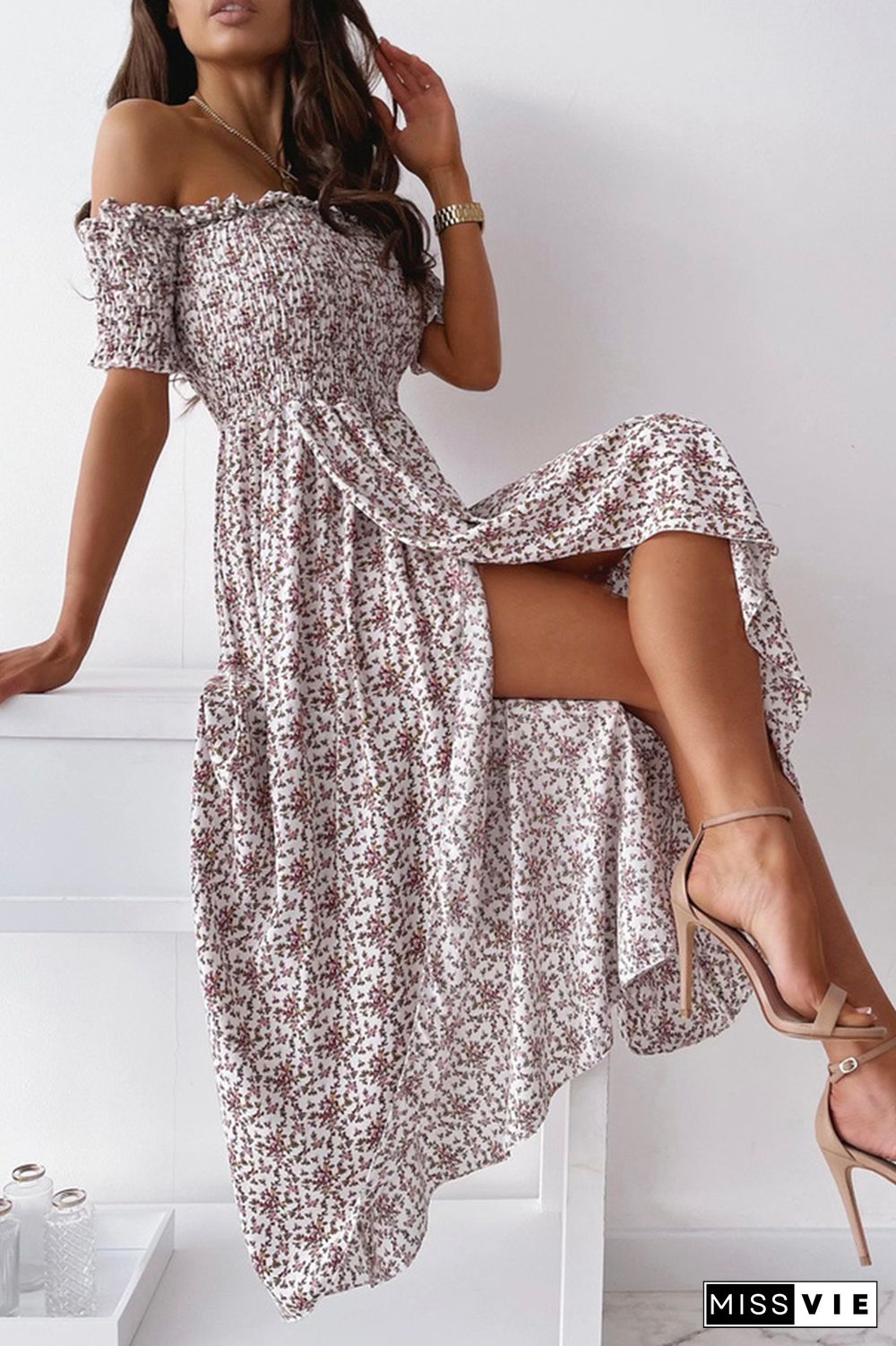 Elegant Floral Slit Fold Off the Shoulder Waist Skirt Dresses