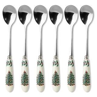 Spode Christmas Tree 6 in. 6-Piece Stainless Steel and White Porcelain Teaspoon Flatware Sets 1502666