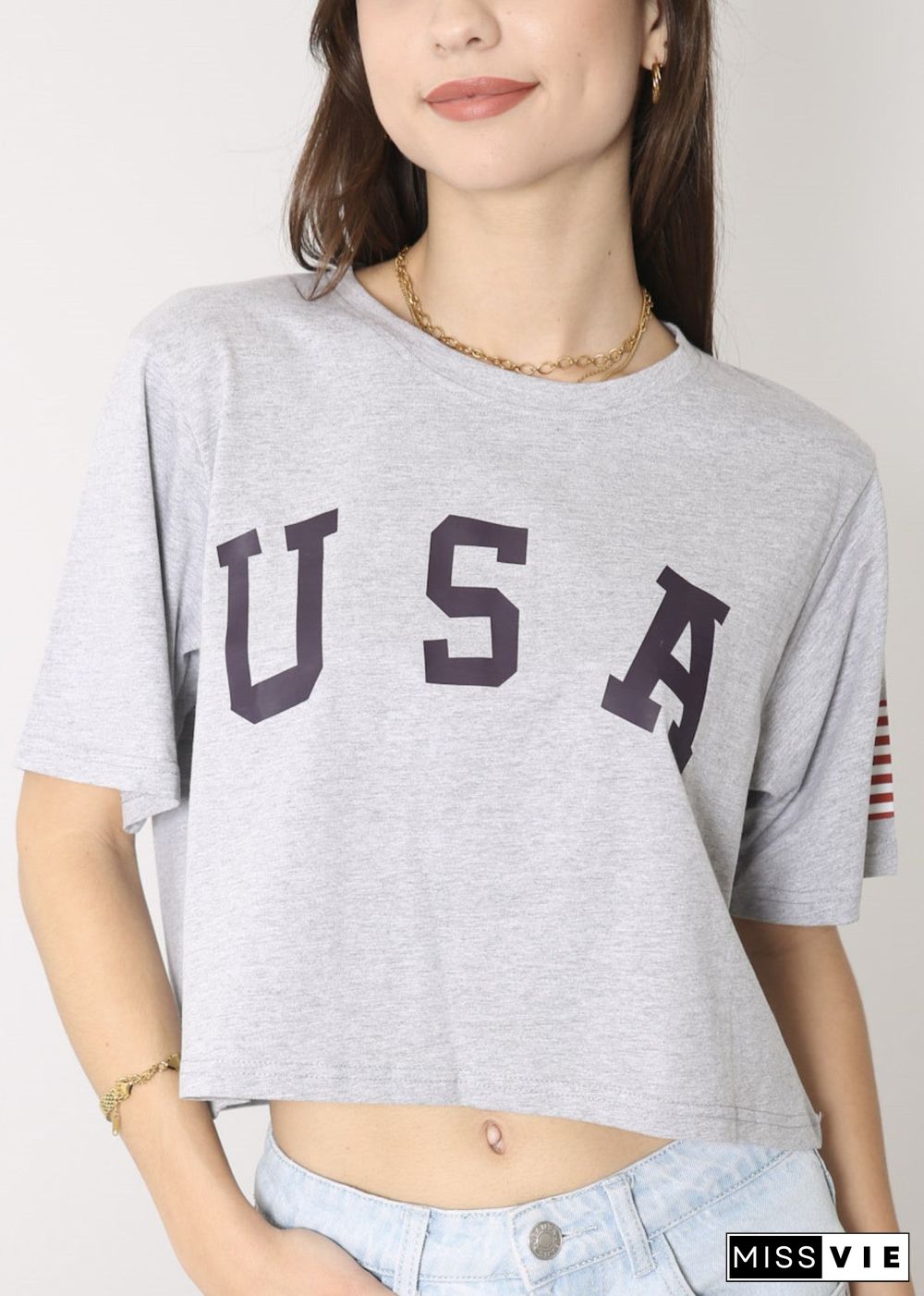 Anna-Kaci Women's Letter Print Crop Top Short Sleeve July 4th USA Flag T-Shirt