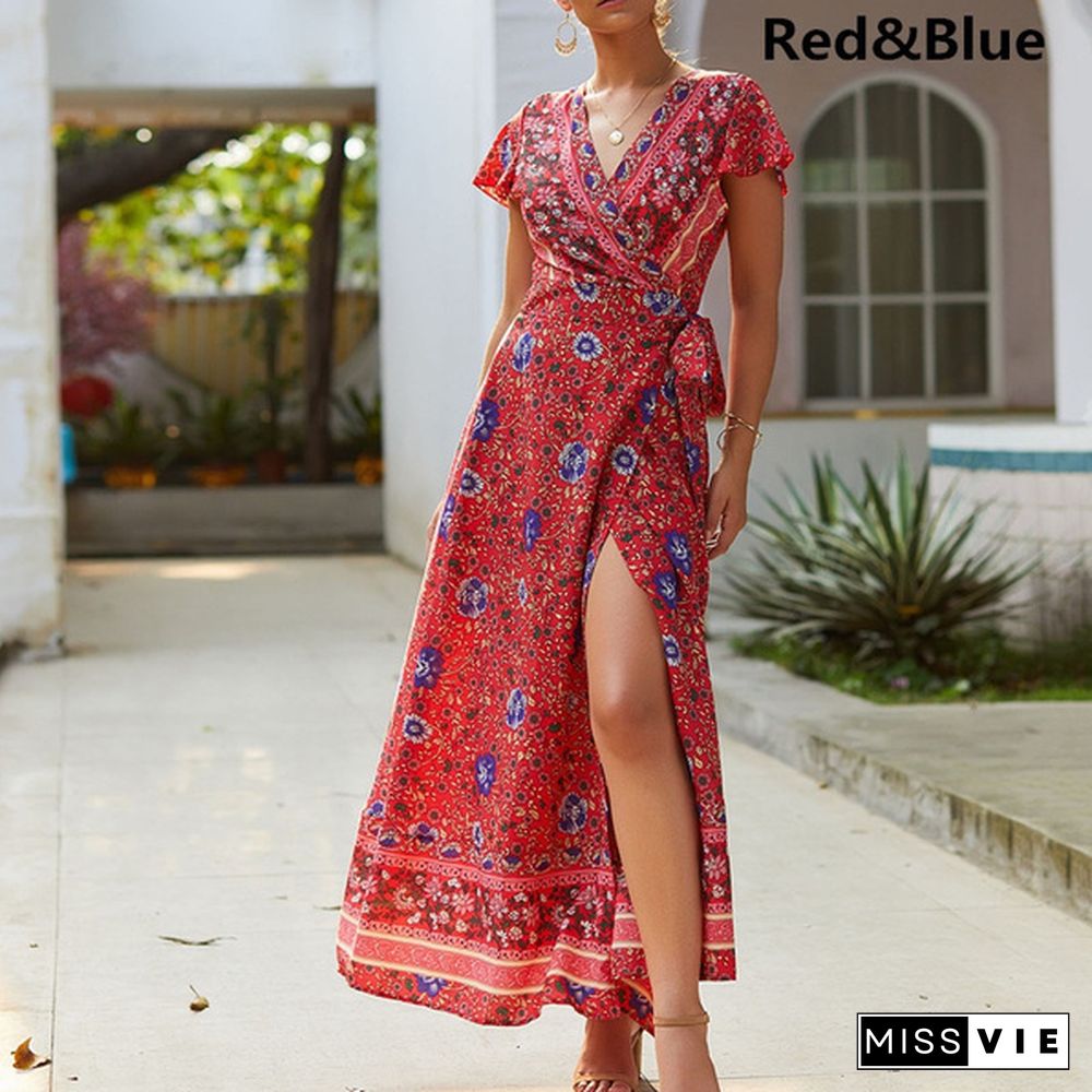 New Summer Women Fashion Floral Print Sexy Deep V Neck Short Sleeve Evening Party Long Casual Maxi Dresses With Belt Boho Beach Sundress, Kleid, Robe de femme