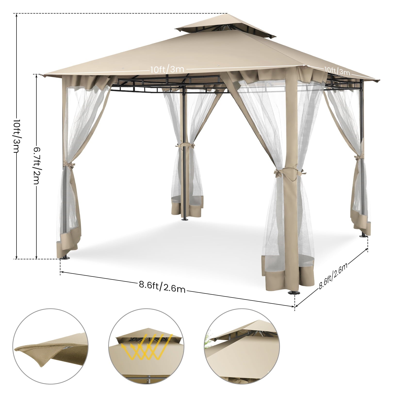 10 ' x 10 ' Gazebos for Patios, Gazebo Canopy with 4 Mosquito Netting, Rainproof & Sunscreen Shelter Tent with Double Eaves for Garden Backyard and Deck