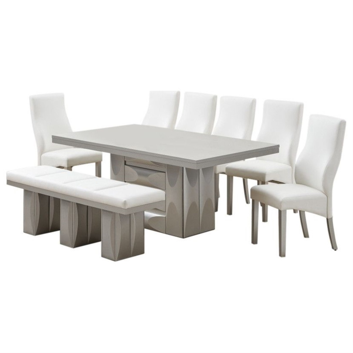 Pilaster Designs Astra 8 Piece Pedestal Dining Set， Champagne Wood and White Vinyl (Table， 6 Chairs， Bench)