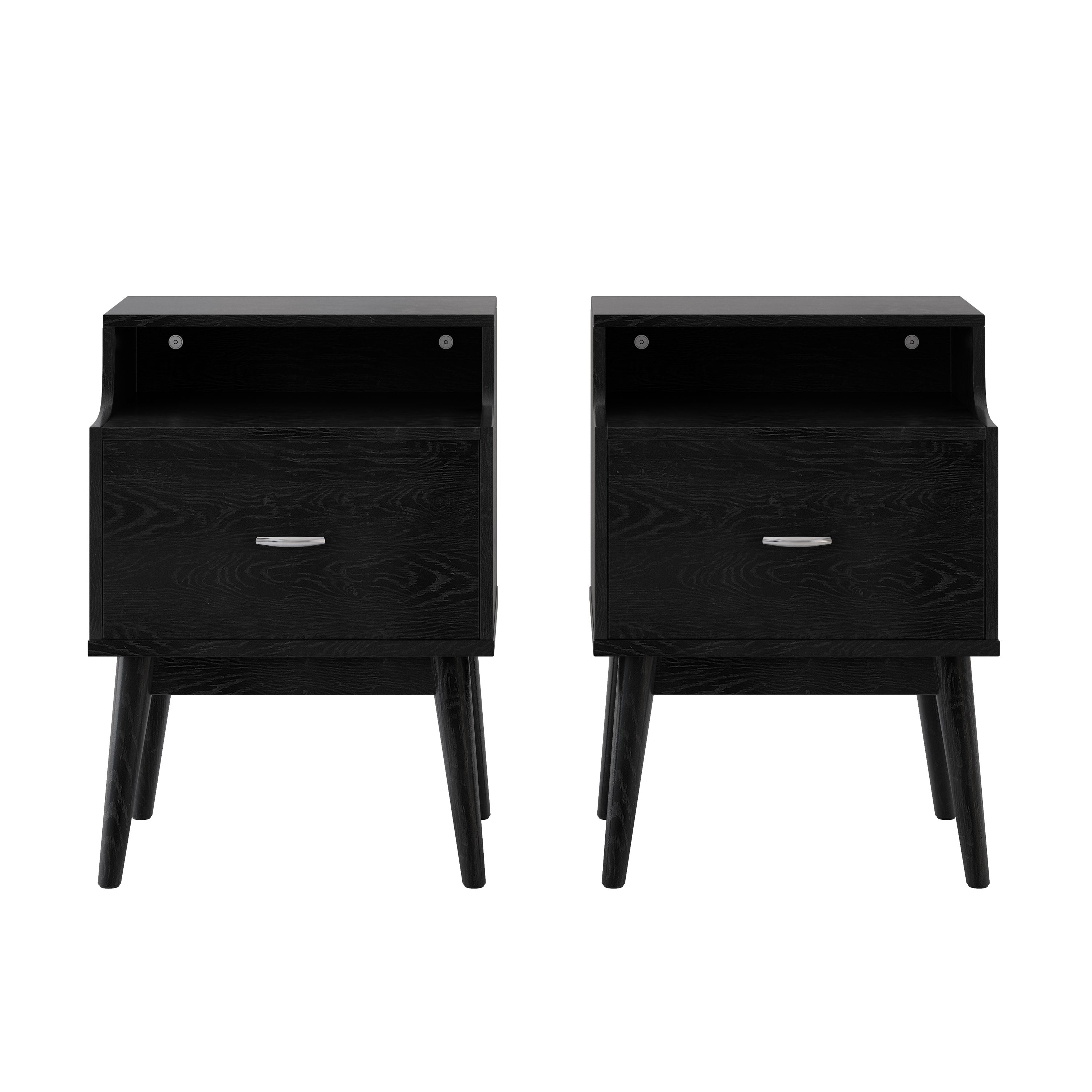 Wilbur Mid Century Wooden Nightstands with Hutch, Set of 2