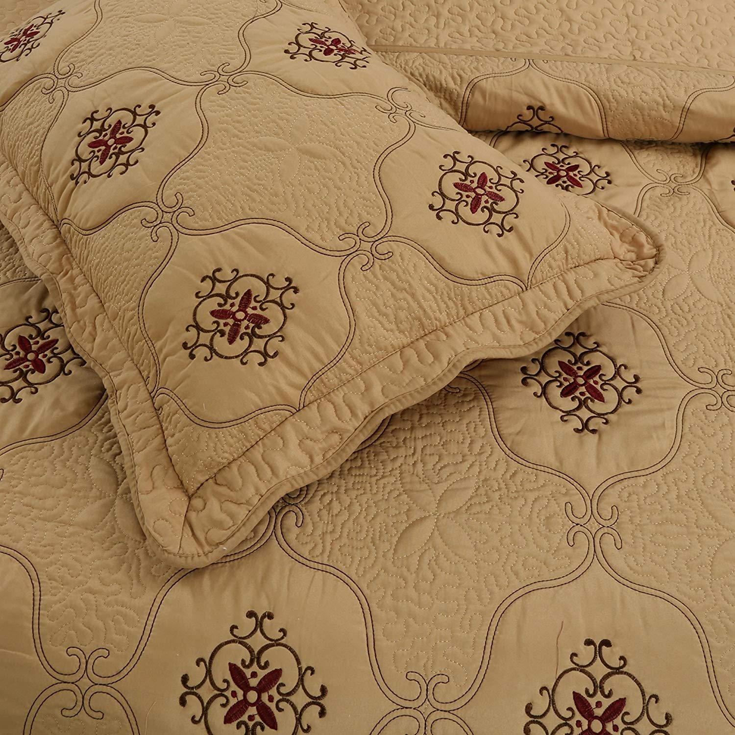 MarCielo 3-Piece Fully Quilted Embroidery Quilts Bedspreads Bed Coverlets Cover Set， Burgundy， Brown， Emma(Queen Size， Taupe)