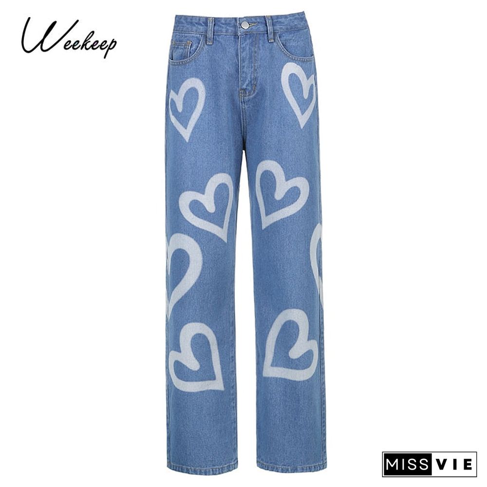 Weekeep Graffiti Tie Dye Vintage 90s Jeans Baggy High Waisted Straight Trousers Denim Capris Harajuku Women's Cargo Pants Autumn