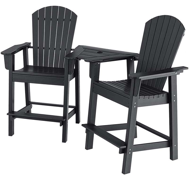 Set of 2 Tall Adirondack Chair, HDPE Adirondack Barstools with Middle Connecting Tray & Umbrella Hole