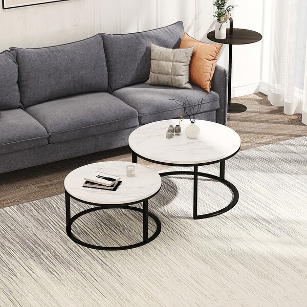 31.5 in. White Round Nesting MDF Coffee Table with Marble Color Top