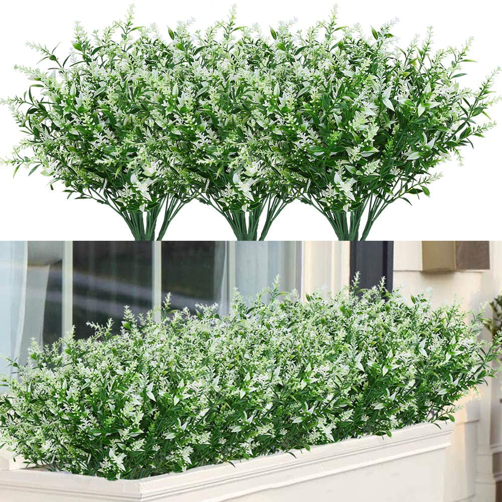 Sinhoon 8 Bundles Outdoor Artificial Lavender Fake Flowers UV Resistant Shrubs, Faux Plastic Greenery for Indoor Outside Hanging Plants Garden Porch Window Box Home Wedding Farmhouse Decor (White)