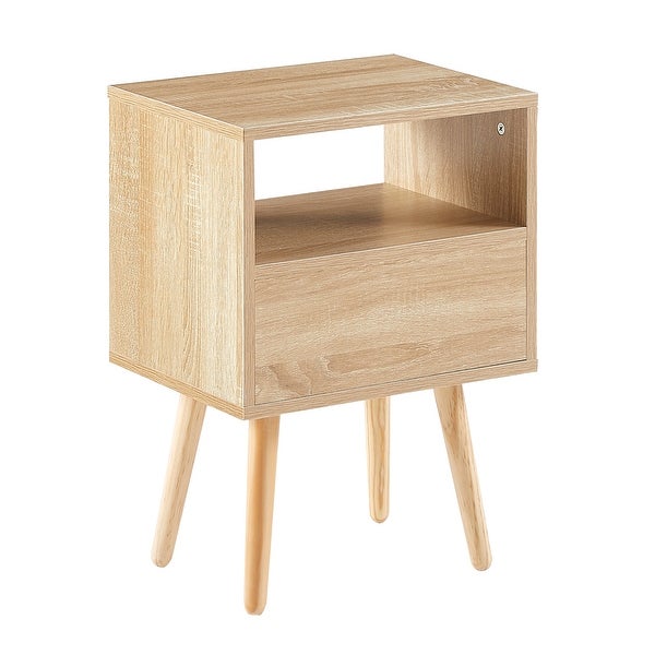 Modern Rattan Side table/Nightstand with 1 Shelf，1 drawer and 4 Solid Wood Legs