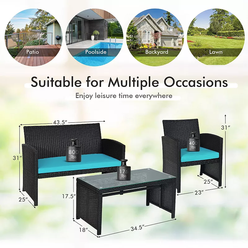 4 Pieces Rattan Patio Furniture Set with Weather Resistant Cushions and Tempered Glass Tabletop