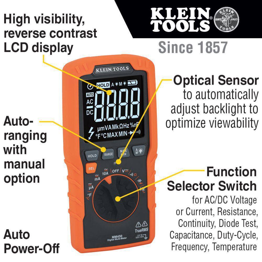 Klein Tools Slim Digital Multimeter TRMS Auto-Ranging 600-Volt Temp MM450