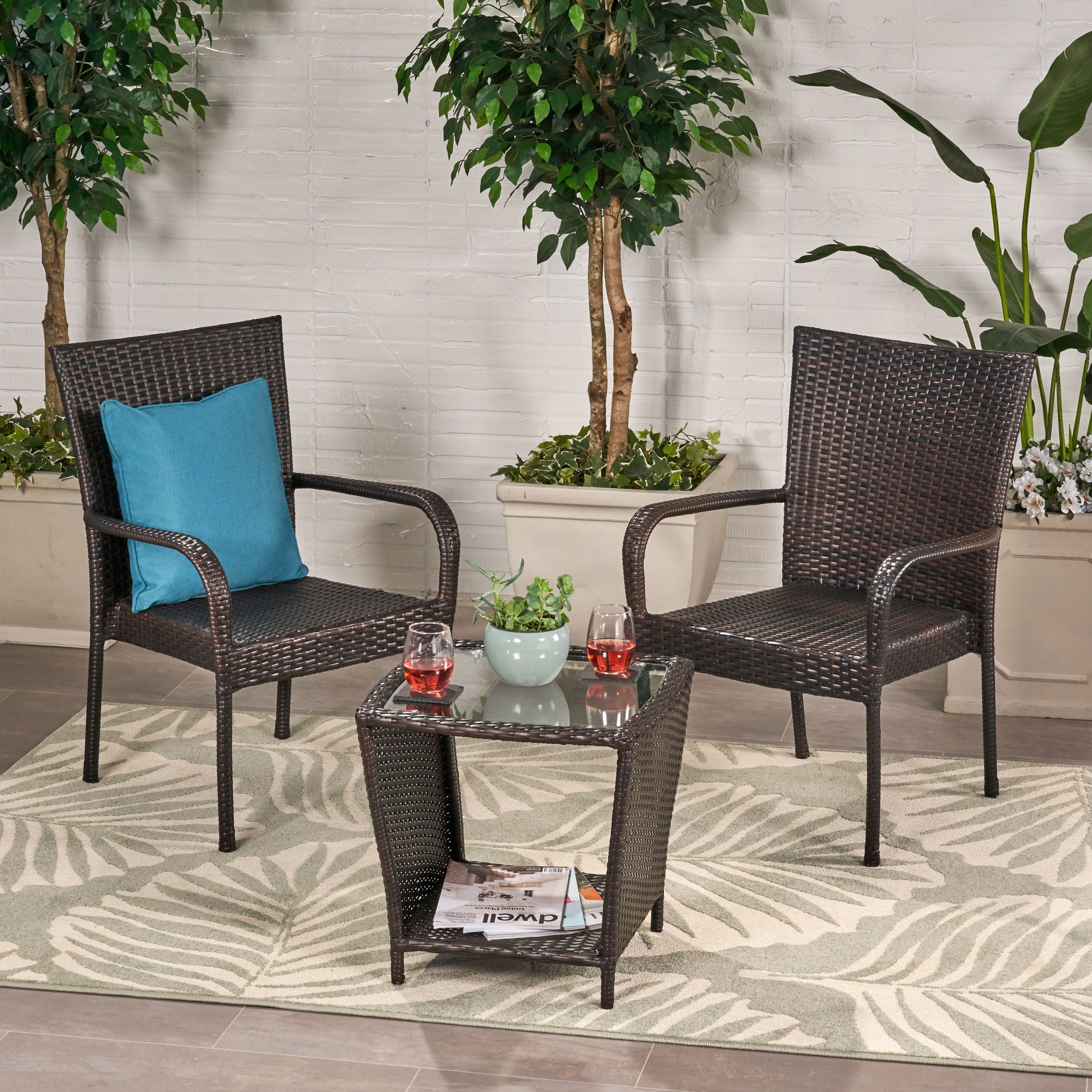 Parham Outdoor 3 Piece Multi-brown Wicker Stacking Chair Chat Set