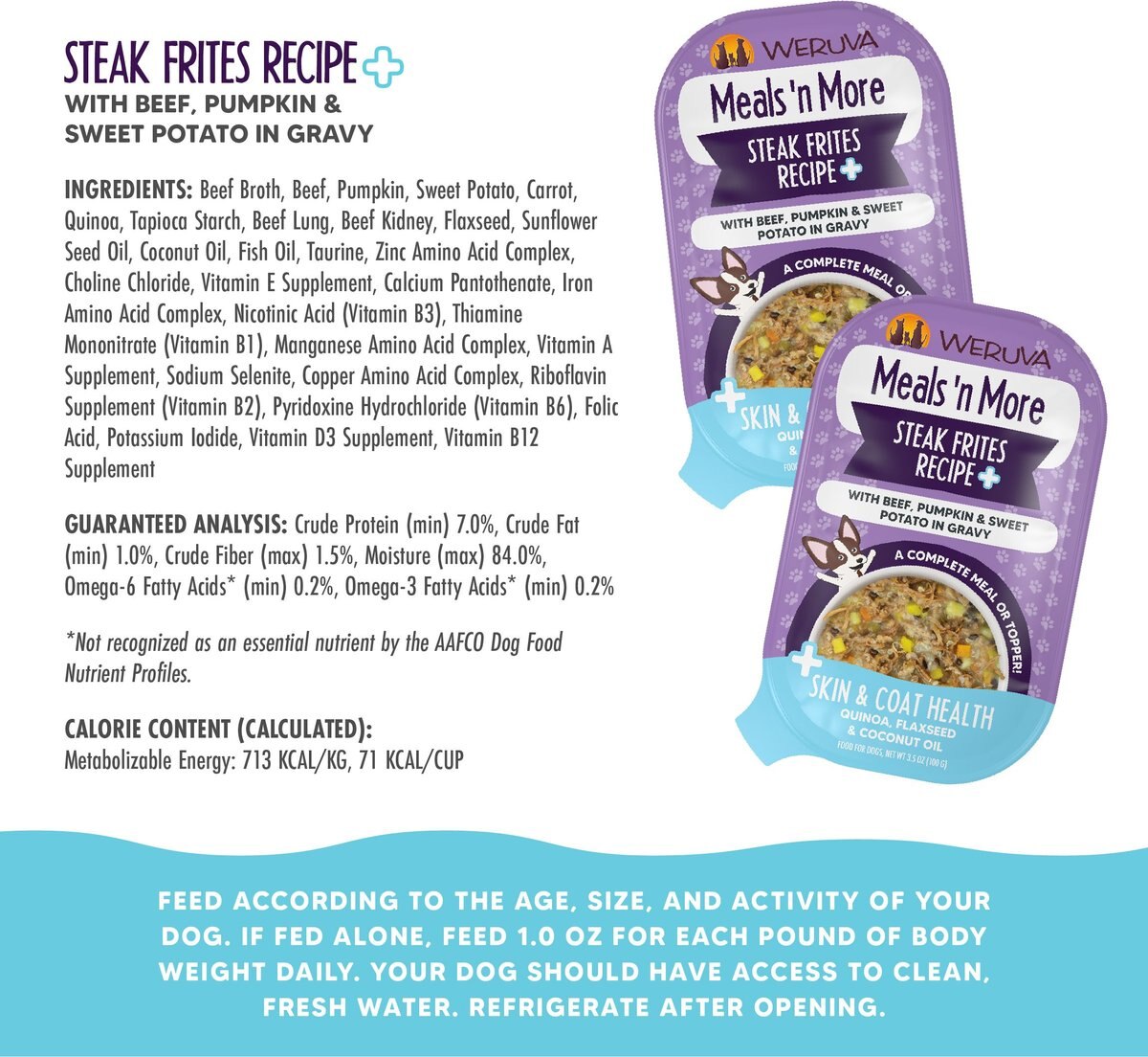 Weruva Classic Dog Meals 'n More Steak Frites Dinner Recipe Plus Wet Dog Food， 3.5-oz cup， case of 12