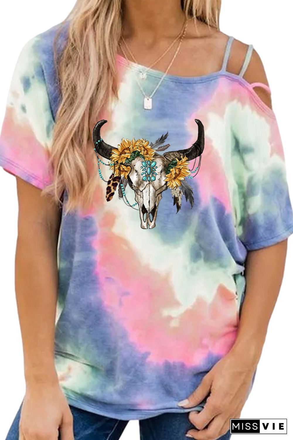 Sunflower Boho Bull Skull Graphic Tees for Women Wholesale Short Sleeve T shirts Top