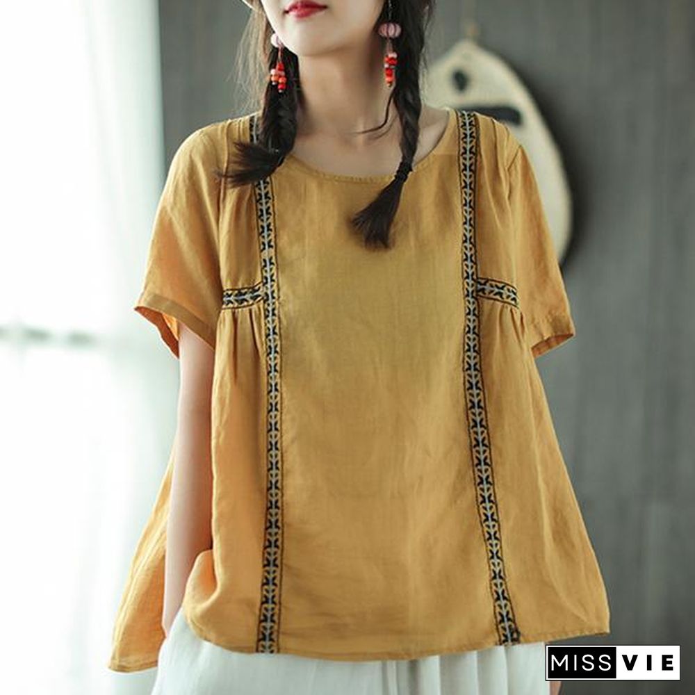 New linen blouse Loose fitting Loose Pleated Ramie Casual Women Pullover Blouse