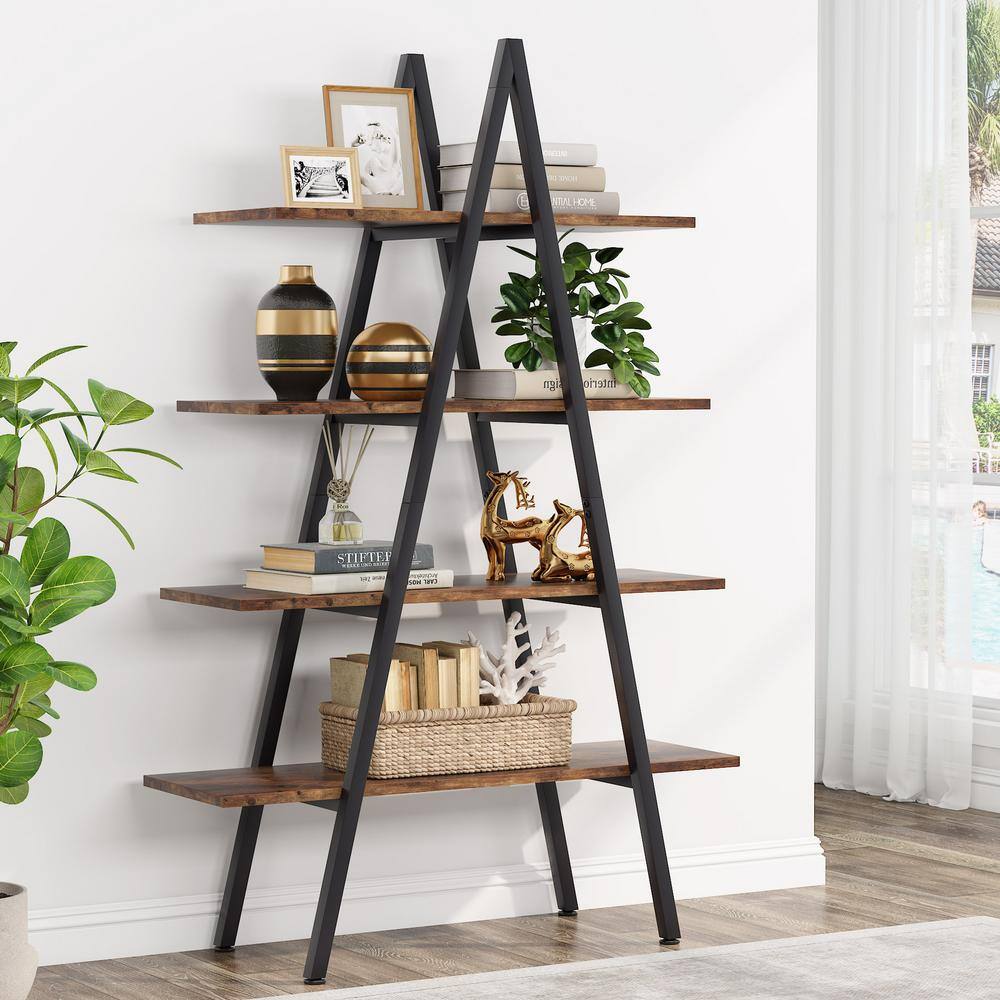 BYBLIGHT Eulas 65 in. Rustic Brown Wood 4-Shelf Ladder Bookcase A-Shaped Bookcase Leaning Plant Stand Storage Rack BB-U0033GX