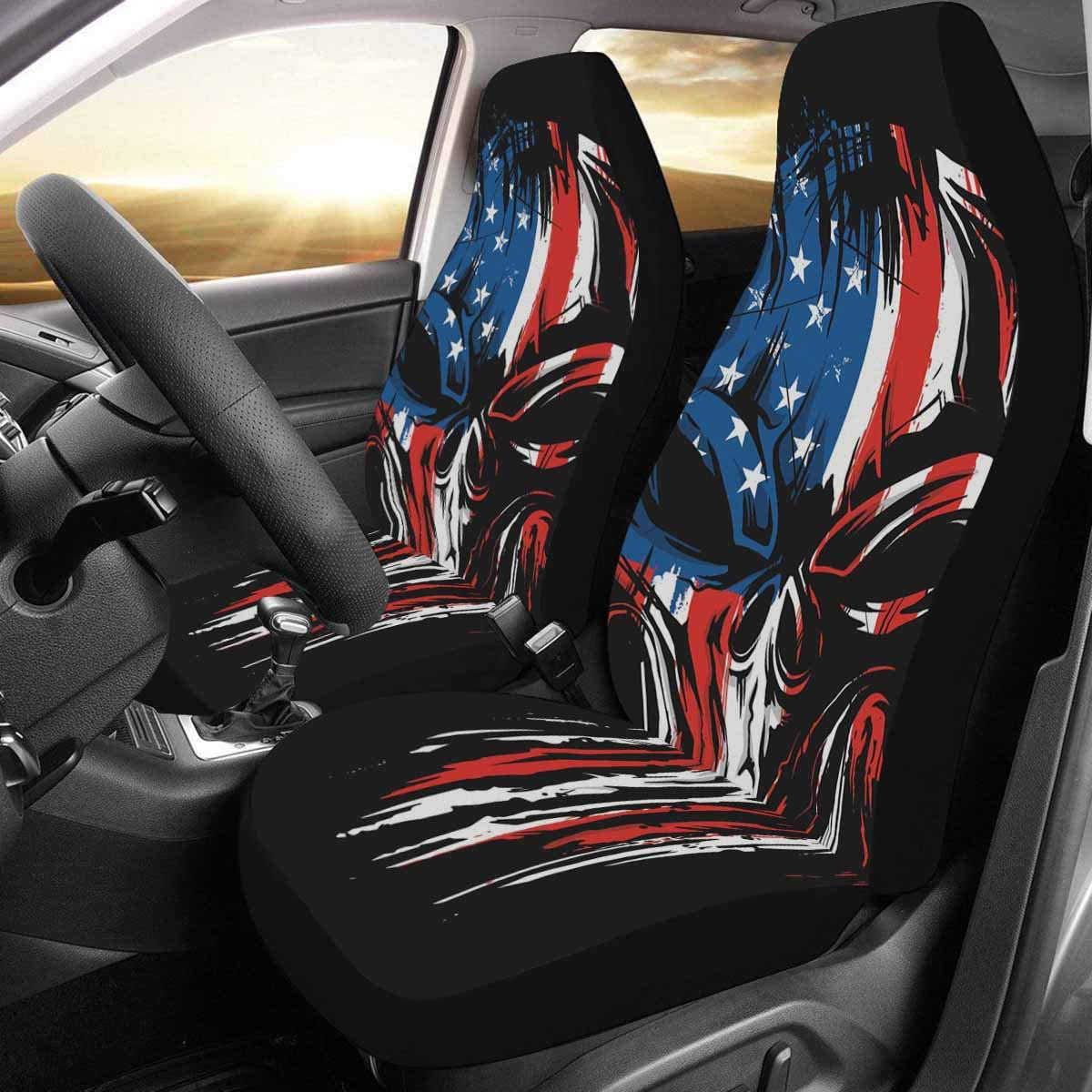 FMSHPON Set of 2 Car Seat Covers American Flag Skull Universal Auto Front Seats Protector Fits for Car，SUV Sedan，Truck