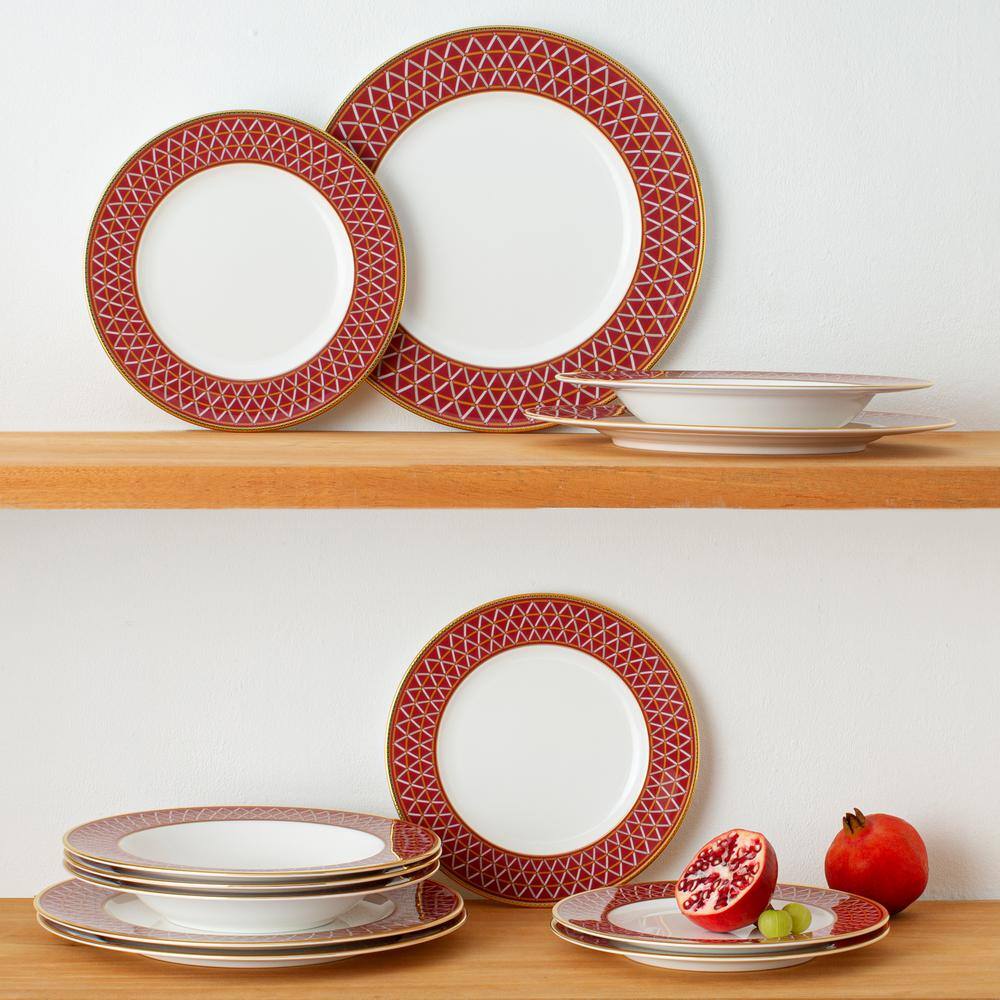 Noritake Crochet White and Deep Red Bone China 12-Piece Dinnerware Set (Service for 4) 4966-12E