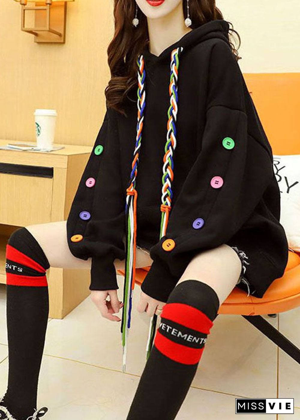 Unique Black Hooded Drawstring Woven Multi Button Warm Fleece Sweatshirts Top Winter