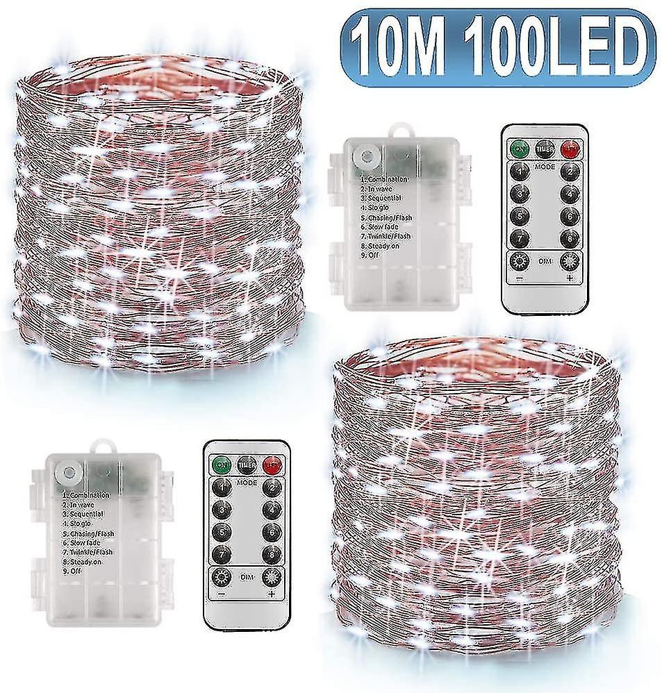 100 Leds 10m String Lights Timer Function With Remote Control Ip65 Waterproof Indoor - Cool White(2p