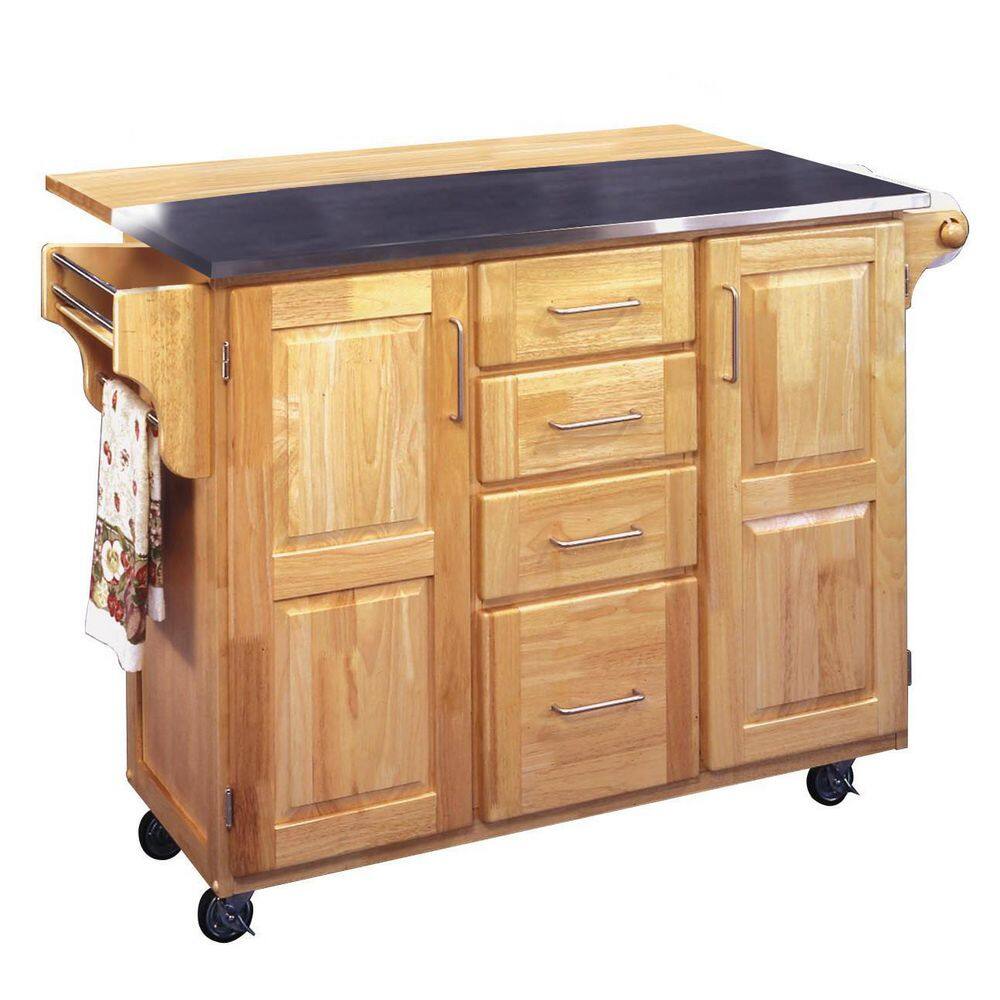 HOMESTYLES Natural Wood Kitchen Cart with Stainless Top and Breakfast Bar 5086-95