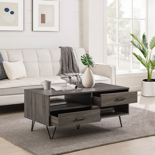 Croft Slate Gray Two-Drawer Coffee Table with Hairpin Legs